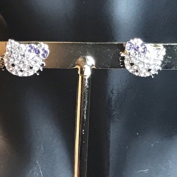 Purple Sanrio Hello Kitty Ear Stud Cute Girl Y2K Kawaii Rhinestone Earrings - Picture 4 of 6